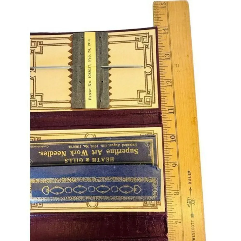 Antique Needle Booklet Double Folding Maroon With Blue Flowers‎ Czechoslovakia